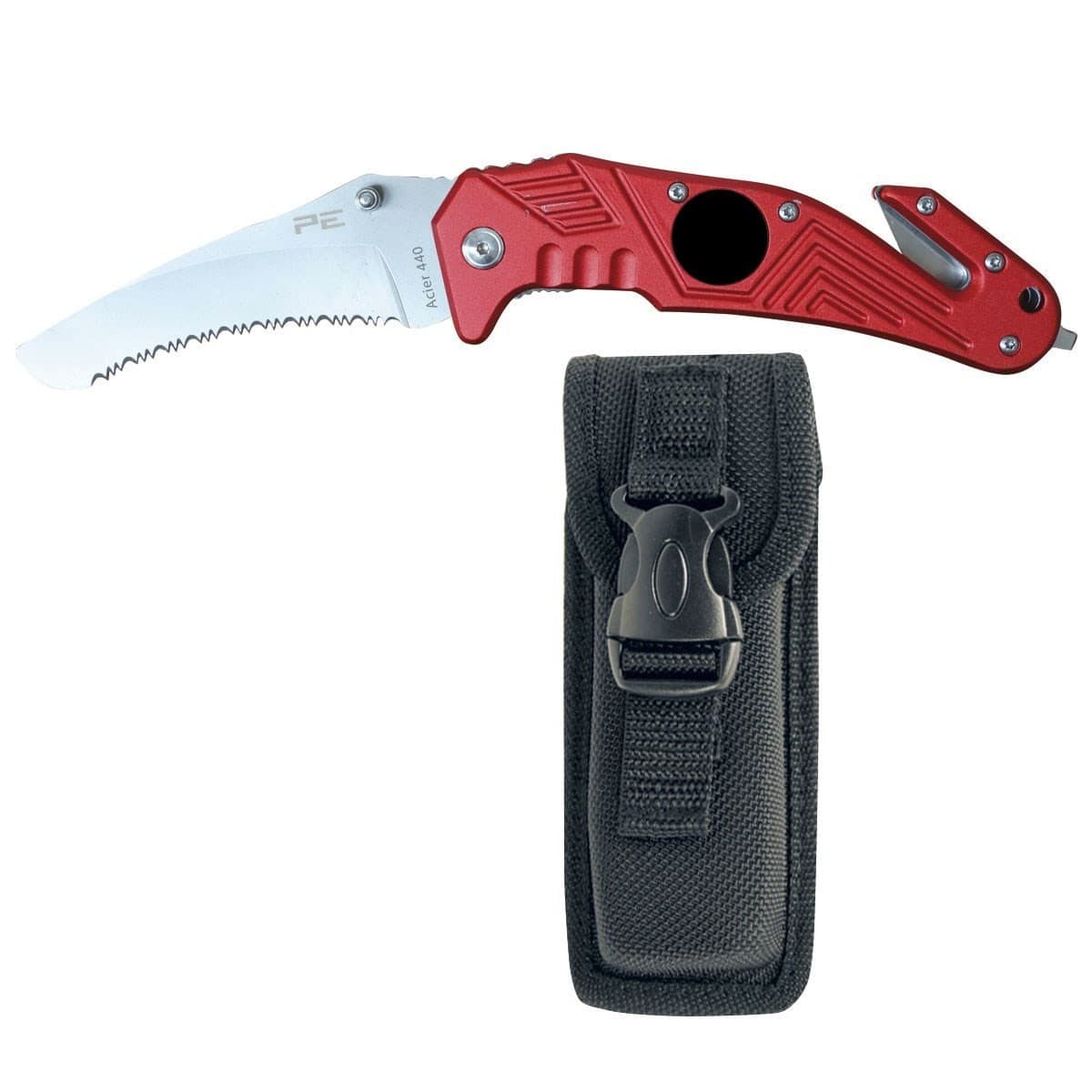 Couteau coupe sangle et brise vitre manche rouge