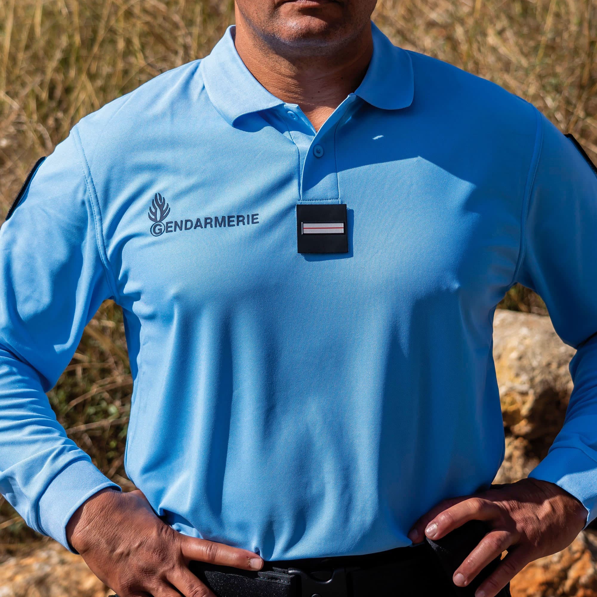 Polo bleu manches longues gendarmerie cooldry maille piquée