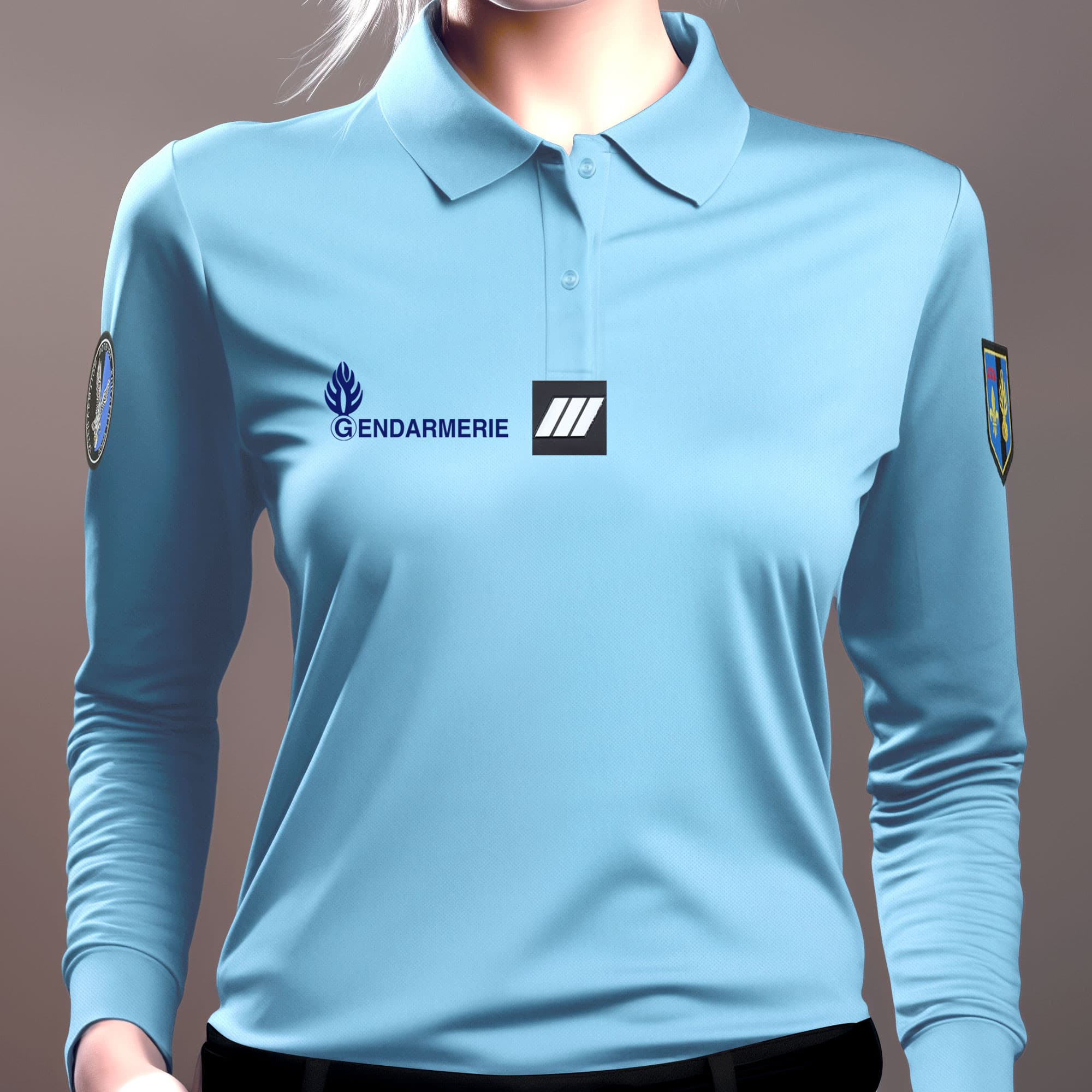 Polo bleu femme gendarmerie manches longues cooldry maille piquée