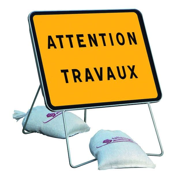 Panneau attention travaux avec pied et 2 sacs de lestage