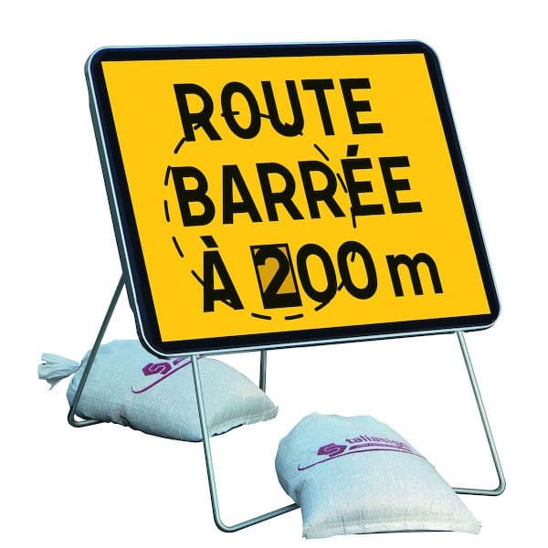 Panneau route barrée avec pied et 2 sacs de lestage