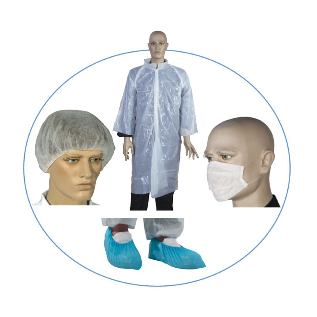 Kit visiteur à usage unique : blouse, charlotte, masque, surchaussures