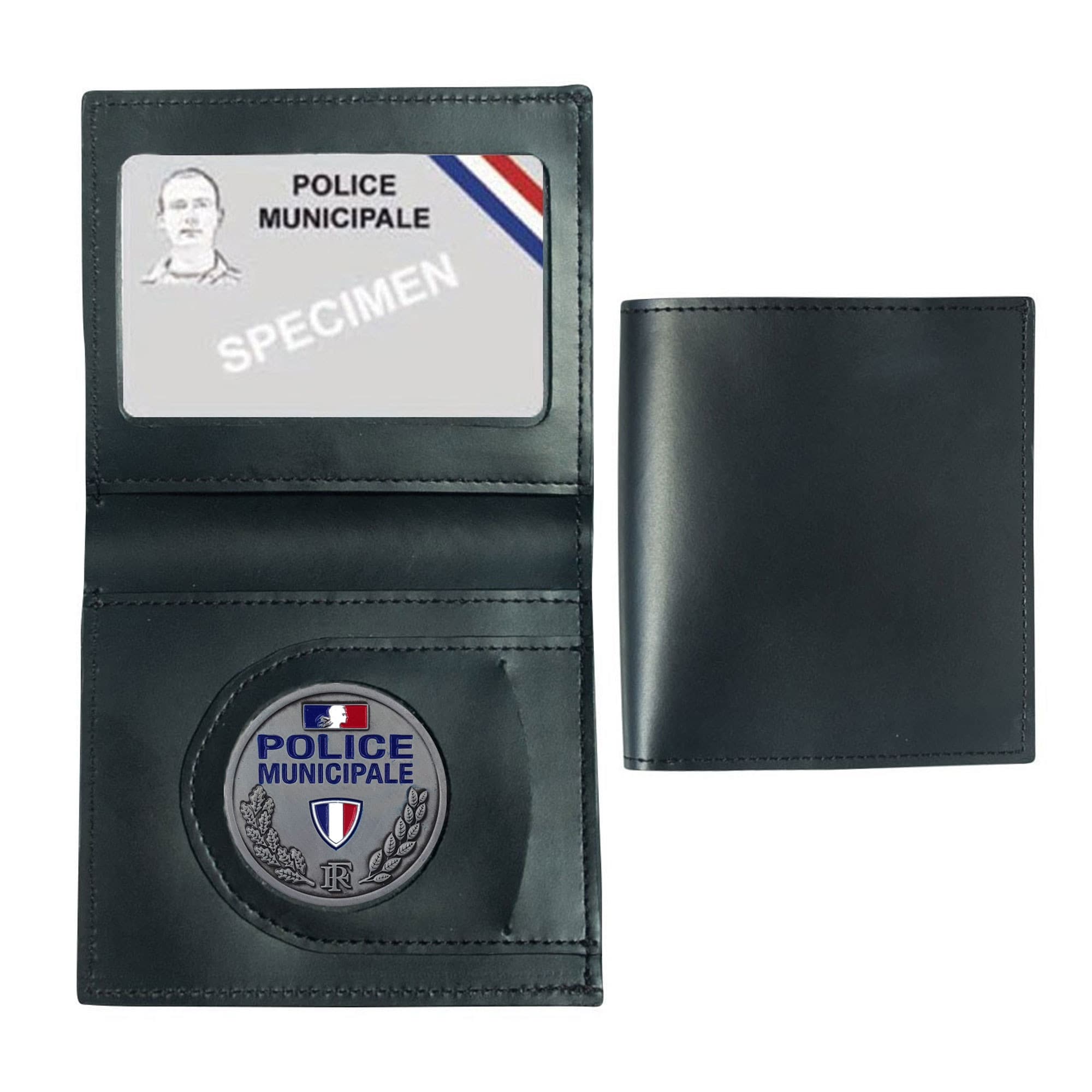 Porte-cartes cuir format CB et billets avec insigne Police municipale