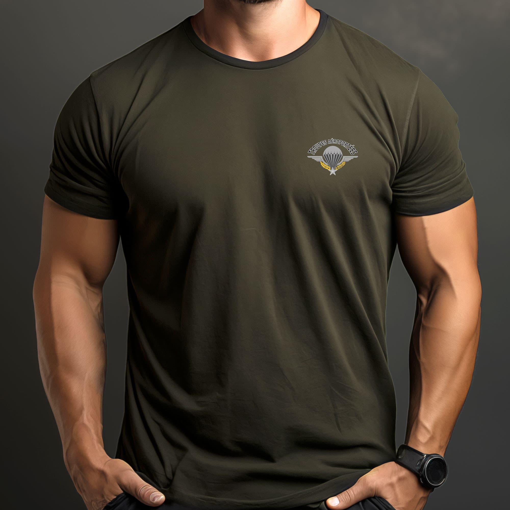 T-shirt Para imprimé vert armée