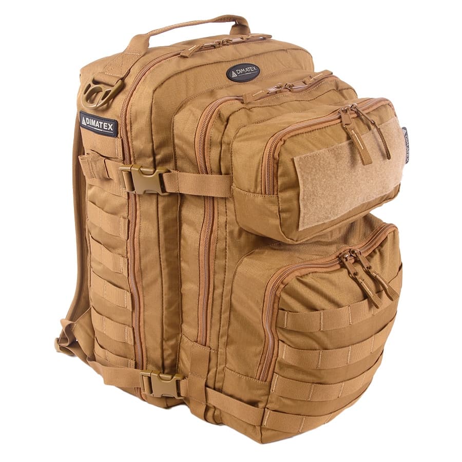 Sac à dos CONTACT Dimatex 43 L à fixations MOLLE et curseurs plombables, coyote
