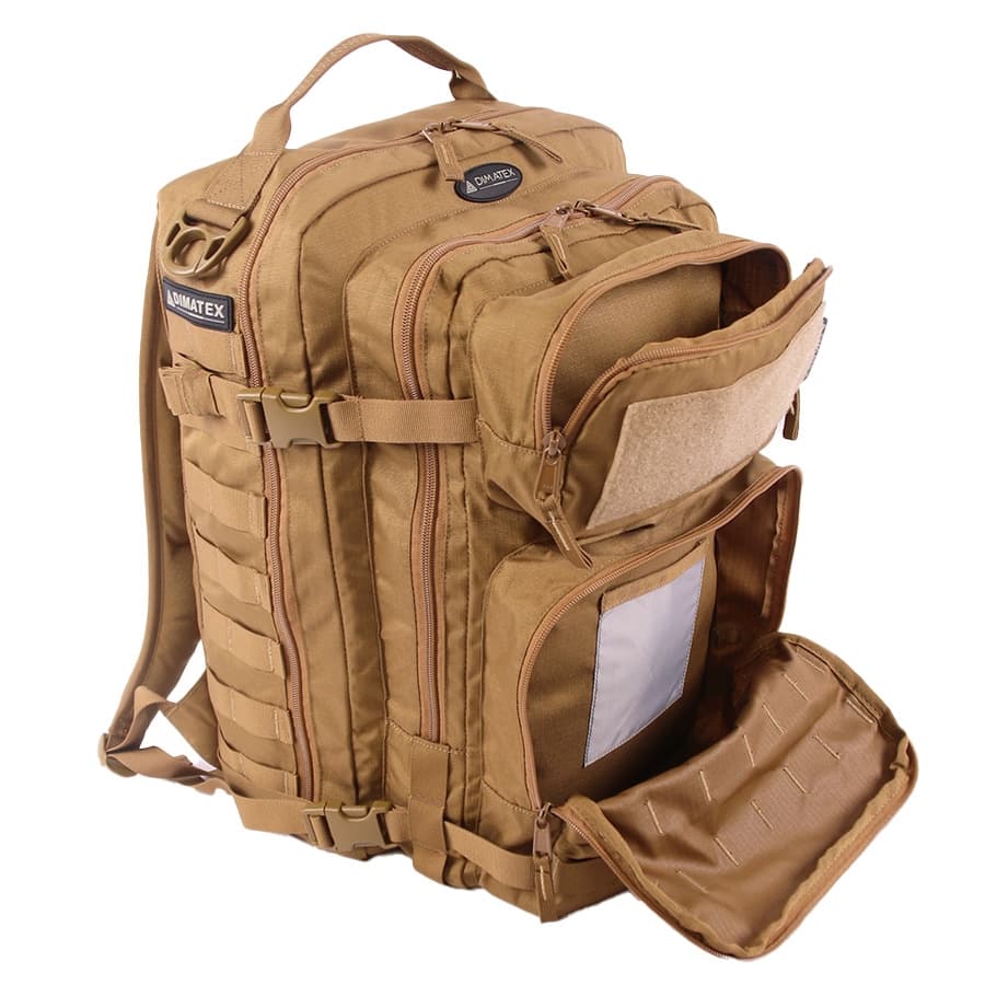 Sac à dos CONTACT Dimatex 43 L à fixations MOLLE et curseurs plombables, coyote