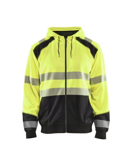 Sweat zippé à capuche haute-visibilité Jaune fluo/Noir