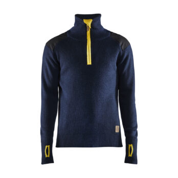 Sweat en laine col zippé Marine foncé/Jaune