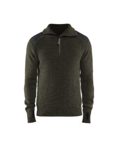 Sweat en laine col zippé Vert olive foncé/Gris foncé