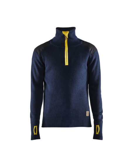 Sweat en laine col zippé Marine foncé/Jaune