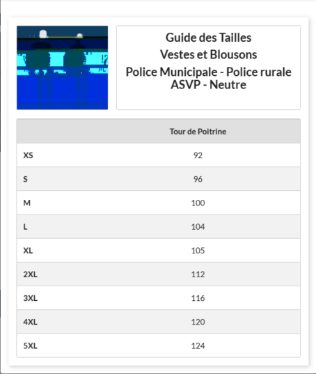 guide des tailles 1 6 BLOUSON TOUT TEMPS POLICE RURALE CIVIK NOUVELLE GENERATION