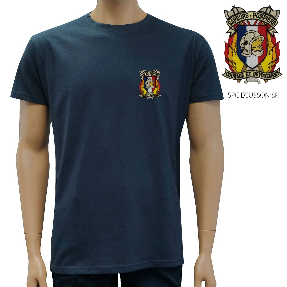 TEE SHIRT BRODE MARINE MANCHES COURTES